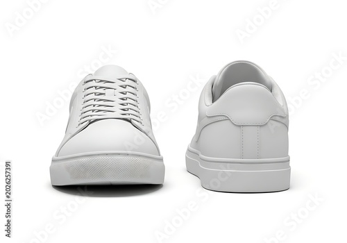 Isolated pair of white low top sneakers showing front and back view, clean design for fashion footwear advertisement