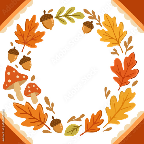 Autumn leaves decorative frame with mushrooms and acorns