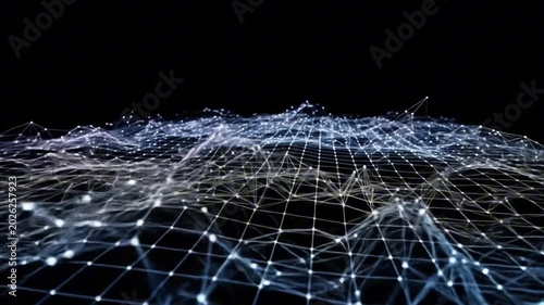 Abstract digital grid landscape with white dots on a black background