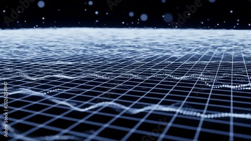 An abstract grid pattern with wavelike distortions and floating particles set against a dark background