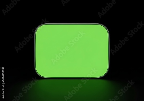 Isolated rectangular green screen frame with rounded corners against dark background, video placeholder, chroma key effect