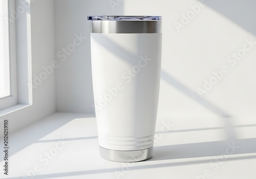 Blank white stainless steel tumbler mockup for branding, vacuum insulated travel mug for hot and cold drinks
