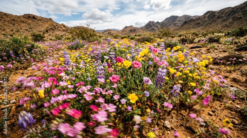 Obraz premium Vibrant Desert Wildflower Bloom in Spring Against Mountain Landscape