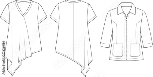 Schilderij op canvas Technical Fashion Sketches of Asymmetrical Top and Jacket with V-Neckline, Drape