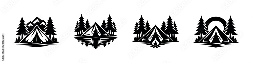 Obraz premium Camping tent scenes with pine trees, mountains, water, and campfire