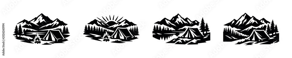 Fototapeta premium Mountain camping scenes with tents, campfires, and pine trees in silhouette