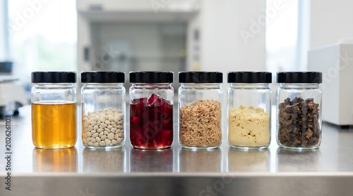 Six clear glass jars with black lids line up on a metallic surface each containing a different substance for scientific analysis laboratory science research samples experiment