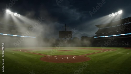 Empty baseball field at night.