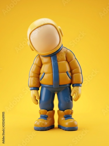 Sad Astronaut Toy with Head Tilt on Yellow Background