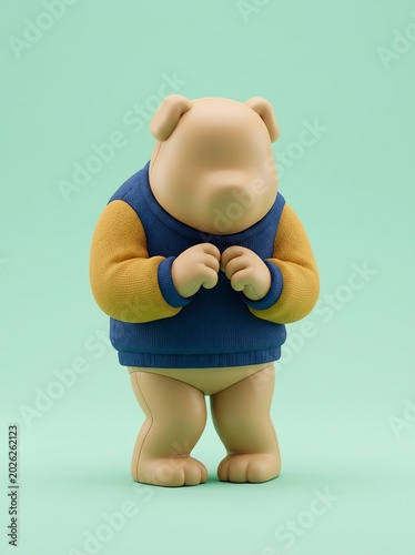 Cute Bear Toy Wearing Blue and Yellow Sweater, Isolated on Pastel Green Background