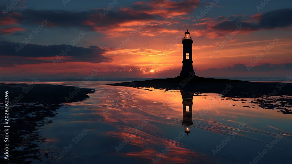 Fototapeta premium Lighthouse at sunset with reflection.