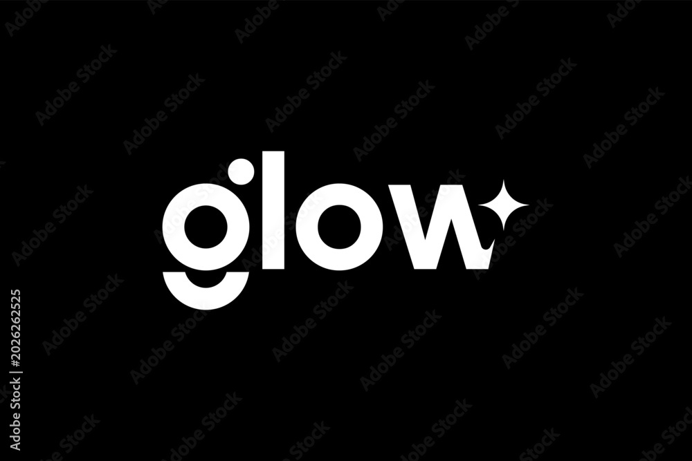 Ταπετσαρία Glow wordmark design displays clean rounded white letters paired with a sharp four-pointed star icon situated on a stark black monochromatic background