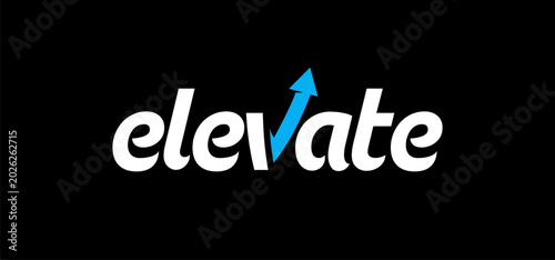 Foto Elevate logo utilizes a vibrant blue arrow pointing upwards to replace the letter v within the bold white text on a black background