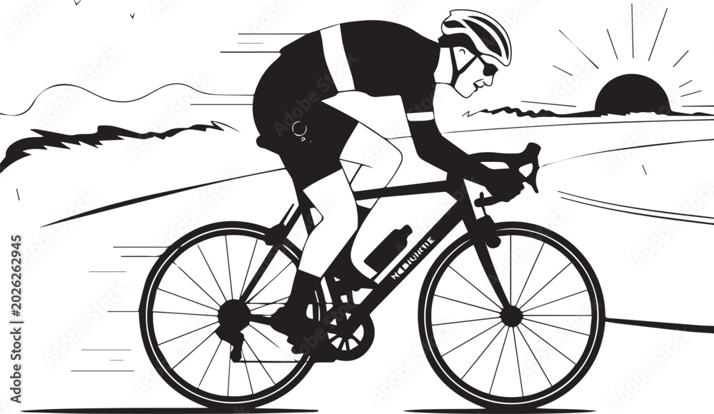 Fototapeta premium Cyclist riding a bike on a road with mountain scenery Vector