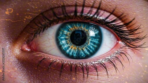 Closeup of a human eye with blue iris surrounded by skin eyelashes and fine golden markings
