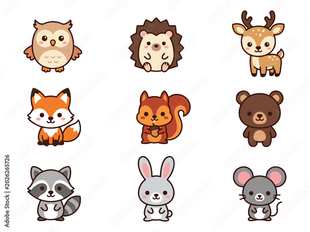Fototapeta premium Kawaii Woodland Animals Vector Icon Set