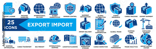 Export Import Dual Tone Icon Set - Export License, Package Handling, Border Control, Cargo Tracking, Import Delivery