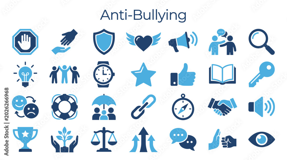 Fototapeta premium Anti Bullying Icons Set representing support, safety, unity, and awareness against harassment in schools and online digital concept