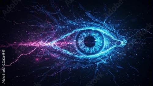 Electricblue eye with lightning flashes and digital particles on a dark background