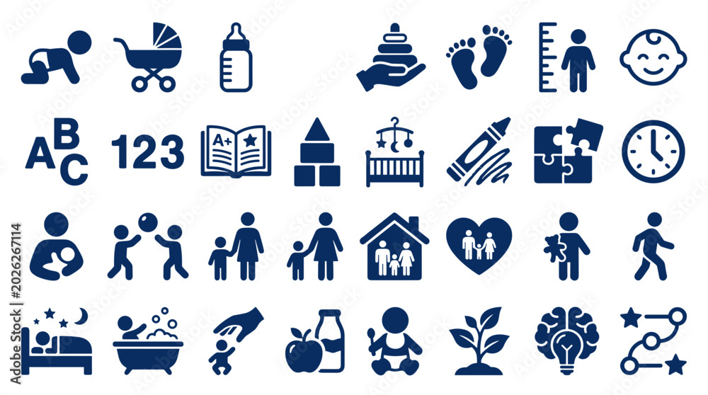 Αυτοκόλλητο Collection of icons representing childhood, growth, education, and family life,