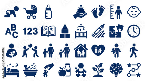Canvas Print Collection of icons representing childhood, growth, education, and family life,