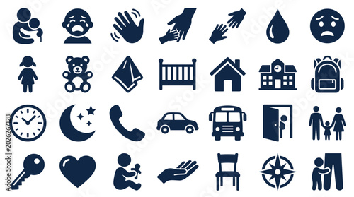 Foto Collection of Icons representing family care childhood education safety and comm