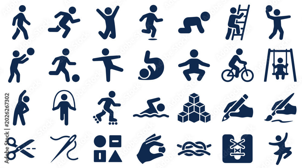 Fototapeta premium Collection of diverse activity icons representing childhood and adult recreation fitness and creative pursuits on a white background