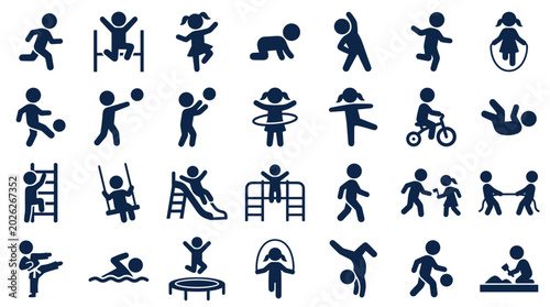 Foto Collection of children performing various sports and recreational activities wit