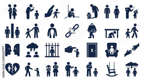 Cuadro en lienzo Collection of icons depicting social issues, family problems, and emotional dist