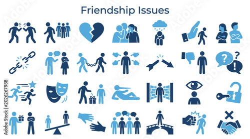 Tableau sur toile Collection of friendship issues icons depicting conflicts, sadness, broken relat