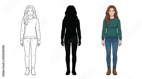 Detailed illustration showing a young woman standing in three different styles including line art silhouette and full color version for use in various creative design projects
