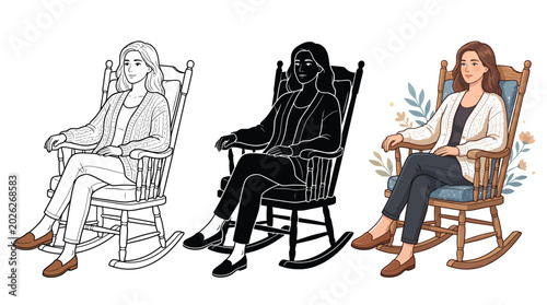 Three variations of an illustration featuring a young woman sitting comfortably in a wooden rocking chair showing line art silhouette and full color design styles