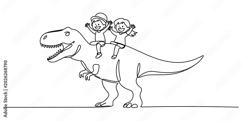 Obraz premium Happy children riding a giant dinosaur line drawing