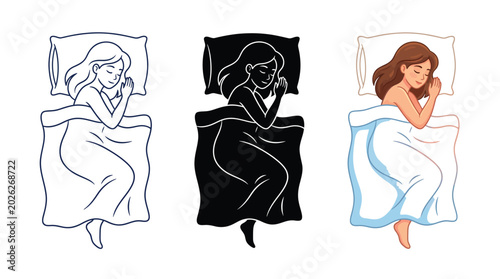 Young woman sleeping peacefully in bed depicted through a set of detailed line art silhouette and full color illustration styles for various creative design projects
