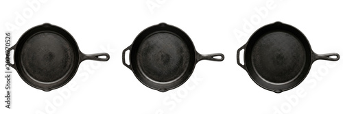 Photos Set and collection of classic round black cast iron frying pan isolated on white