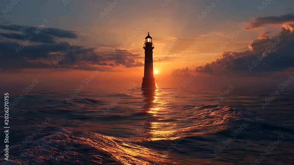 Fototapeta premium Lighthouse standing tall in ocean sunset.