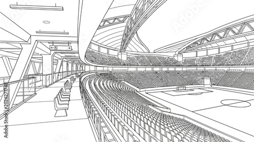 Bild auf Leinwand Black and white architectural sketch of an indoor basketball stadium arena