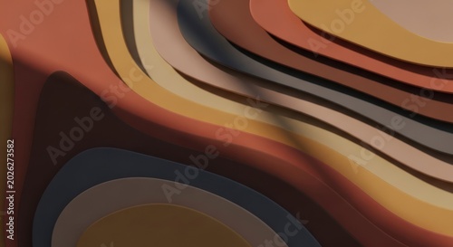 Sienna paper waves descending in a tiered sculptural formation with soft directional lighting for luxury holistic branding