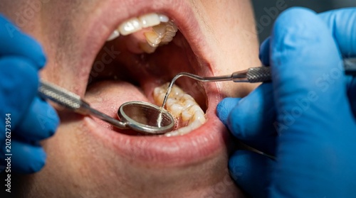Close-up of a dental patient's open mouth as a dentist, wearing blue gloves, uses instruments like a mirror and probe to examine a tooth. The image highlights the detailed work of oral healthcare.