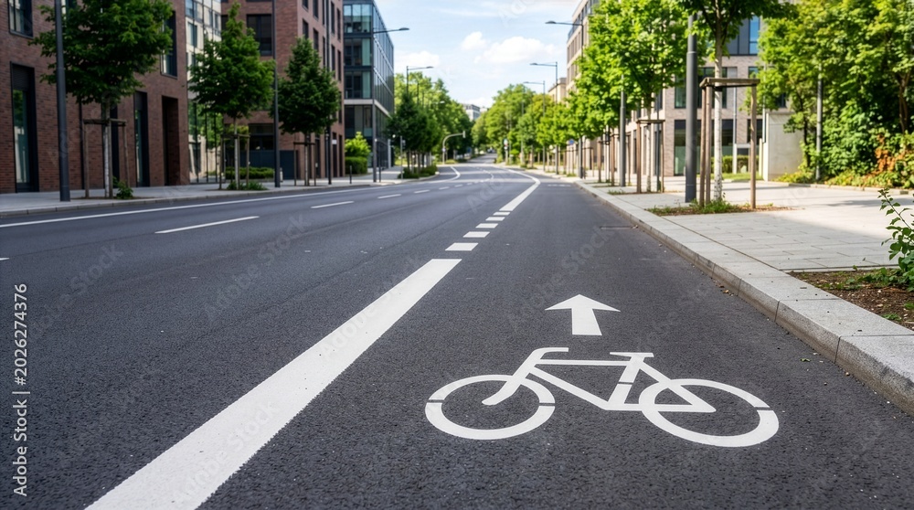 Obraz premium Empty bicycle lane with clear white markings and arrow on asphalt road in urban area.