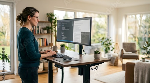 Woman working on a computer at a standing desk in a bright home office