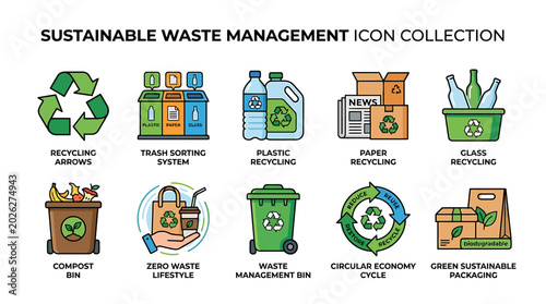 Essential Vector Icon Pack for Sustainable Waste Management, Recycling, and Eco-Friendly Lifestyle Solutions