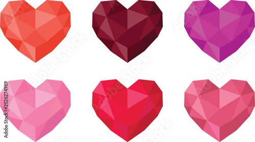 Six Geometric Low Poly Heart Shapes in Orange Maroon Purple Pink and Red for Valentine Design