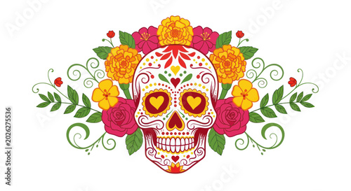Schilderij op canvas Day of the Dead Sugar Skull with Flowers and Swirls