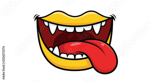 Bild auf Leinwand Funny Cartoon Mouth with Yellow Lips, Sharp Teeth, and Red Tongue Out