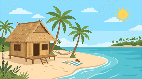 Tropical Summer Beach Hut on Paradise Island with Palm Trees, Ocean Waves, Sunny Sky and Coastal Landscape Vector Illustration. concept of sunny weather and tourism.