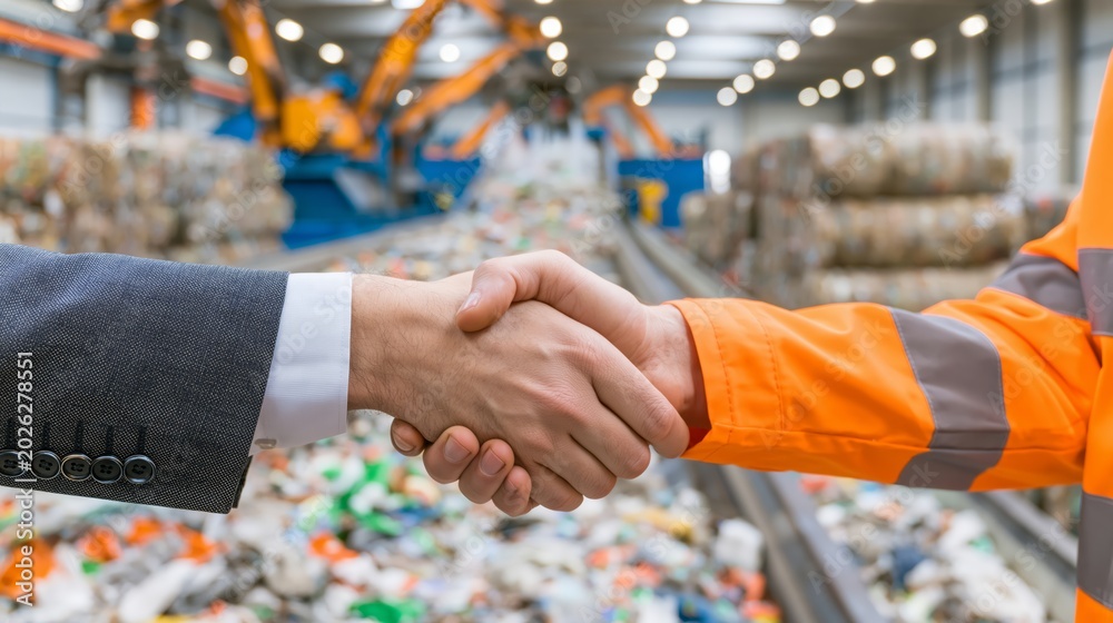 Fototapeta premium A waste recycling deal handshake, with a sorting conveyor separating recyclables and compressed material bales stacked behind.
