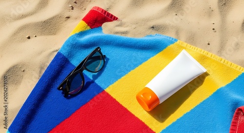 Hand sanitizer tube and sunglasses on beach towel in summer travel concept for fast hygiene and wellness marketing