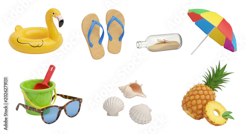 beach vacation set of items against a bright white background summer fun and travel themes