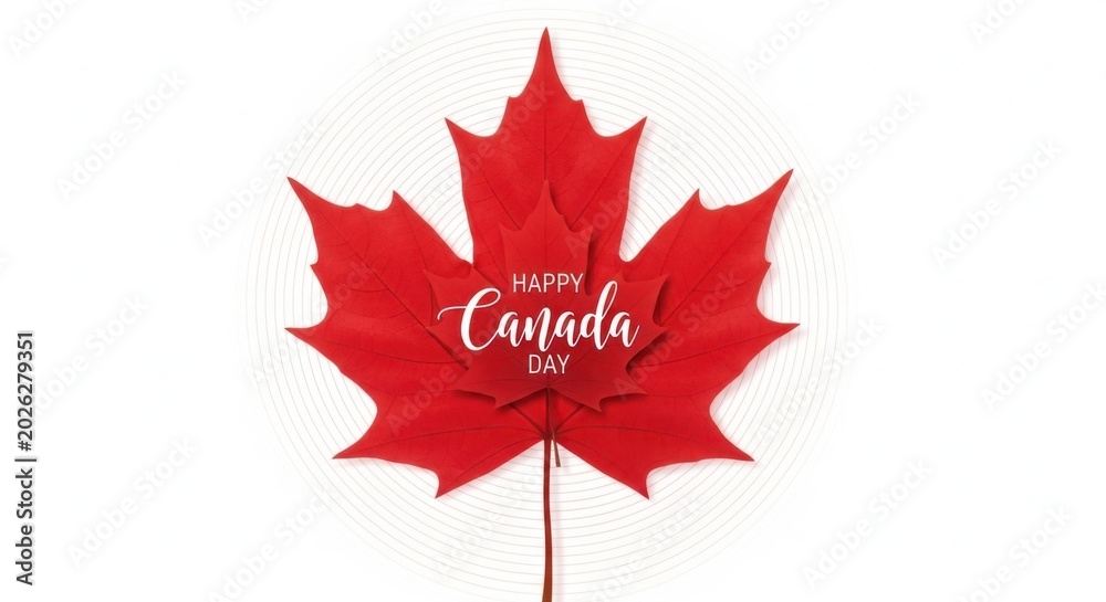 Obraz premium Red maple leaf with happy canada day text greeting